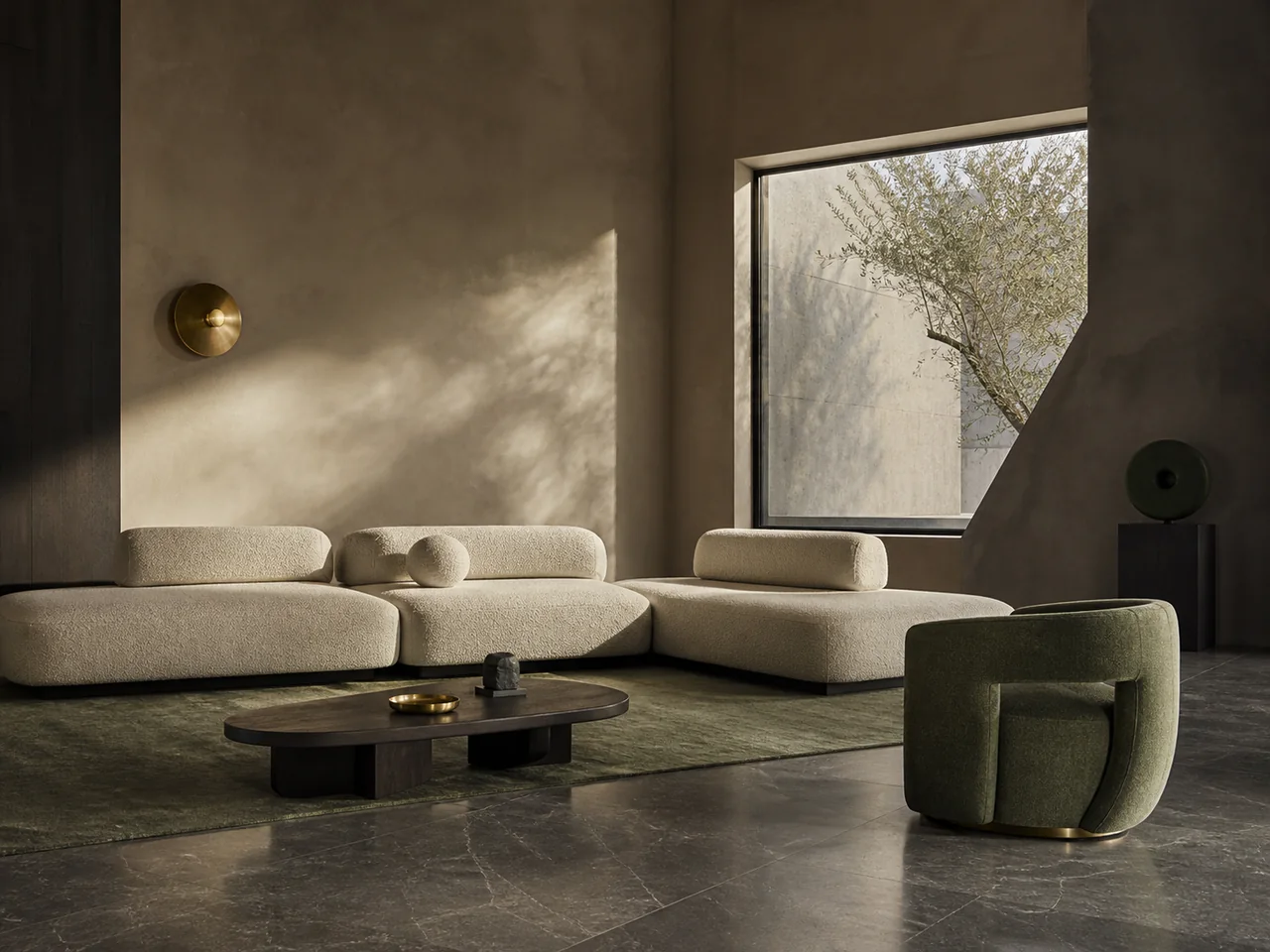Low modular sofa arranged in a calm contemporary living room