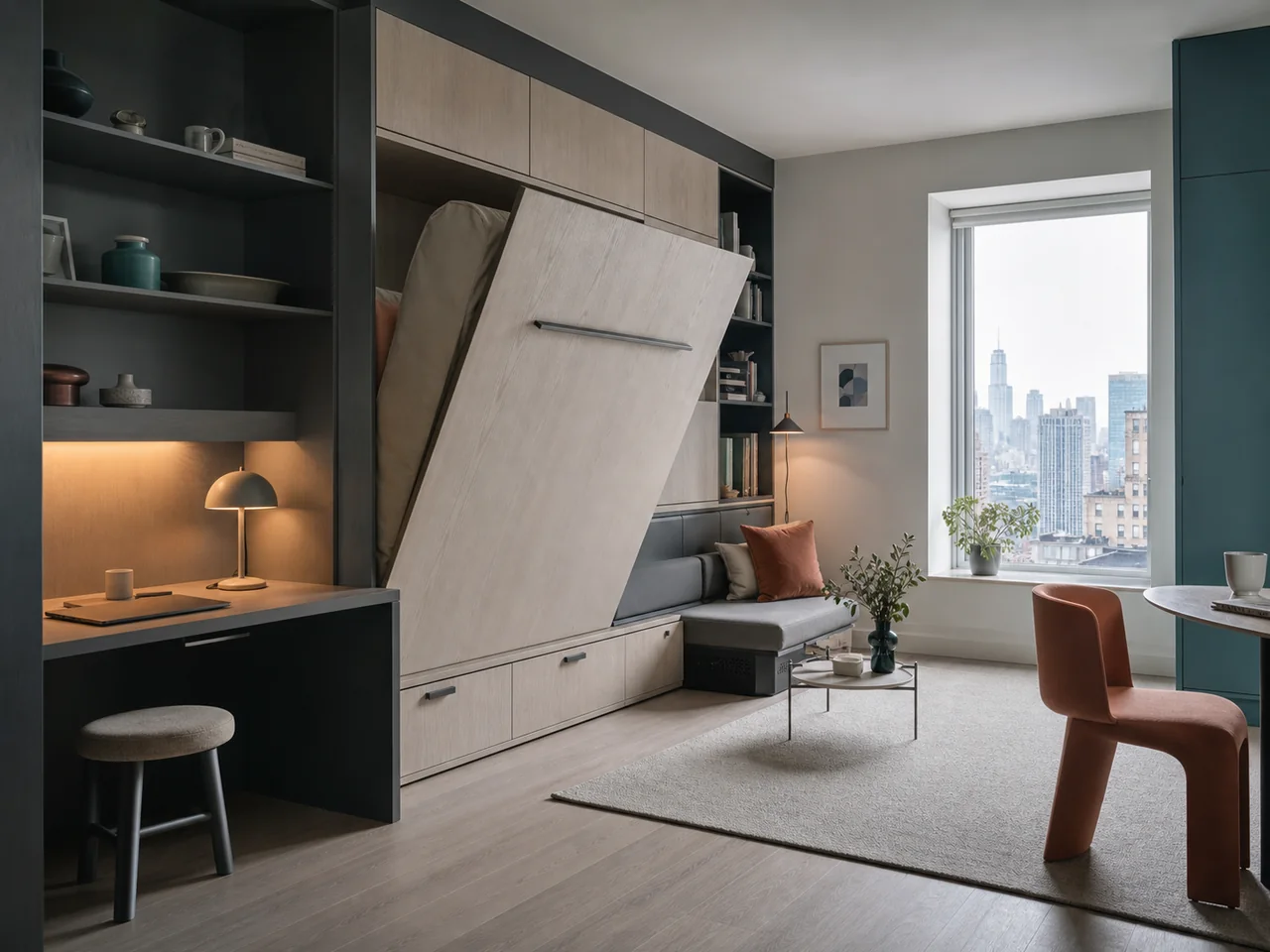 Compact apartment with integrated storage and transformable furniture