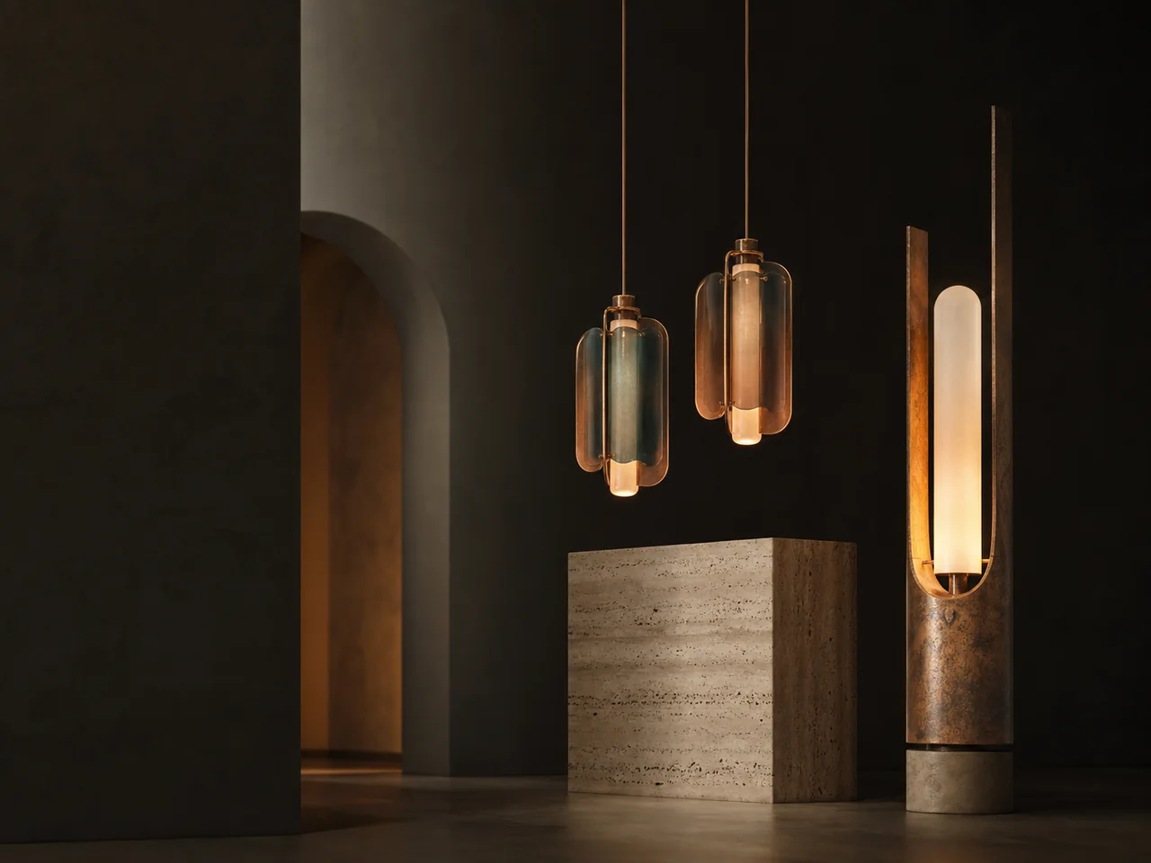 Sculptural lamps casting warm pools of light in a dark interior