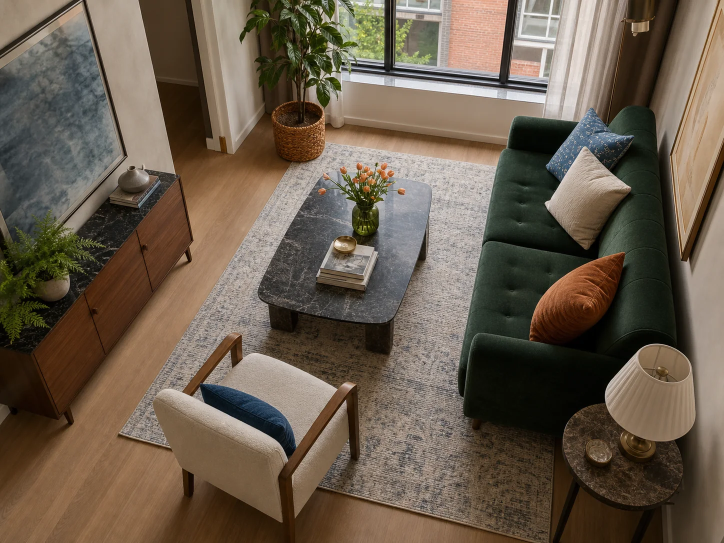 High view of a compact living room with clear space around a coffee table