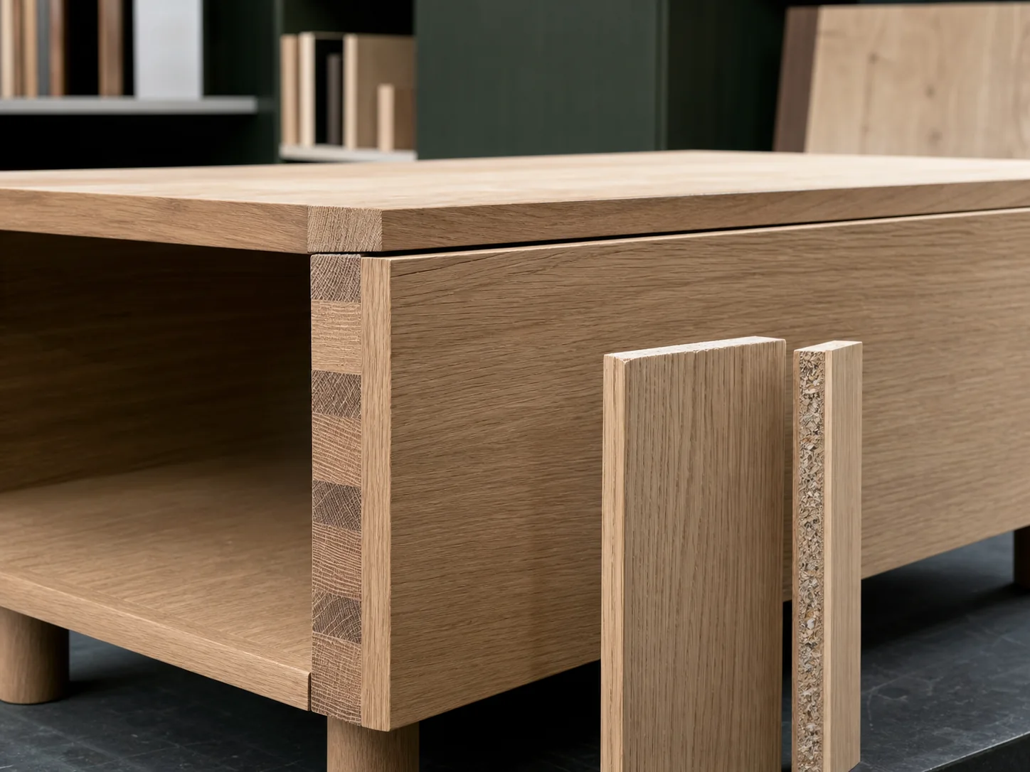 Oak cabinet construction beside solid wood and veneered panel samples